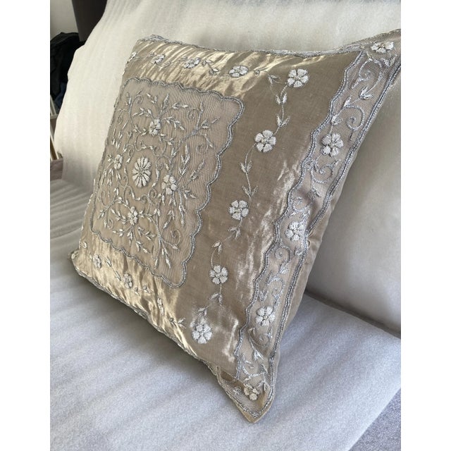 Indian Floral Zardozi Hand Embroidered Accent Decorative Pillow Cover For Sale - Image 3 of 10