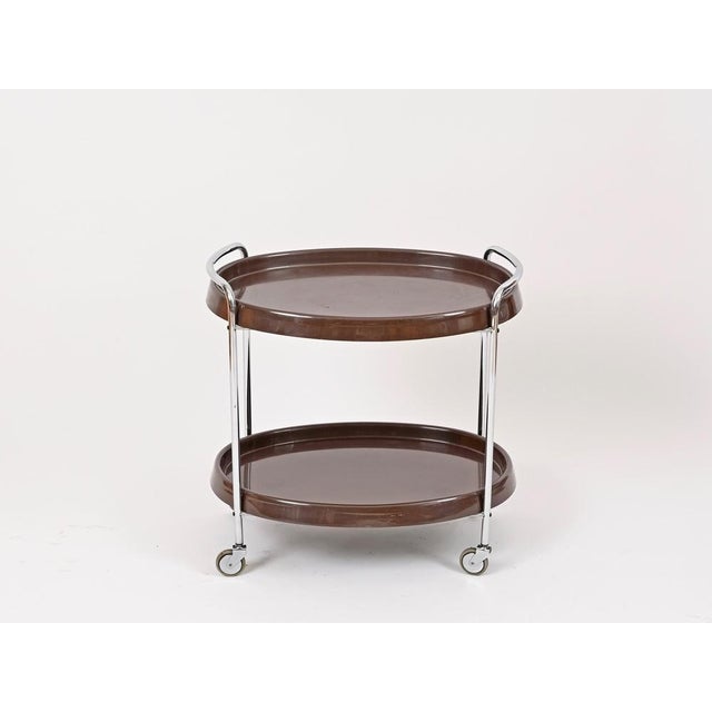 Mid-Century Italian Oval Bar Cart in Chrome and Brown ABS, 1970s For Sale - Image 9 of 14