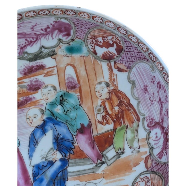 Late 18th Century Antique Chinese Rose Mandarin Figure Porcelain Saucer, Around Qianlong Era For Sale - Image 5 of 10