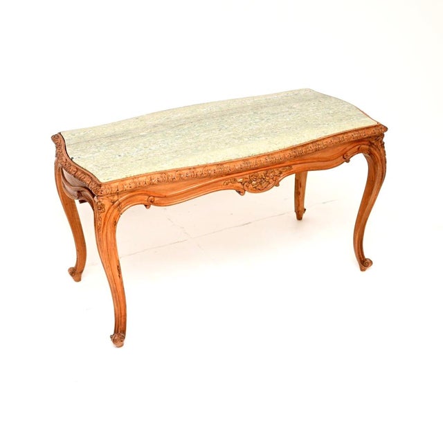French Carved Walnut Coffee Table with Marble Top, 1930 For Sale - Image 11 of 11
