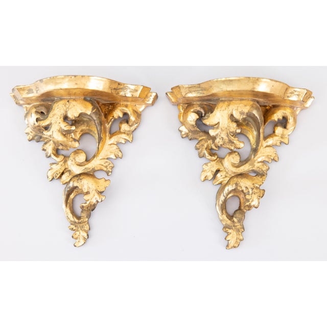 Gold Vintage Italian Rococo Carved Giltwood Wall Brackets Shelves - A Pair For Sale - Image 8 of 8