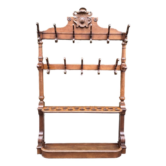 Late 19th-Century Victorian Carved Wood Hall Tree & Umbrella Stand, Circa 1890 For Sale