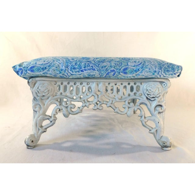 Shabby Chic Vintage Mid Century Cast Iron Roses Blue & White Upholstered Footstool For Sale - Image 3 of 8
