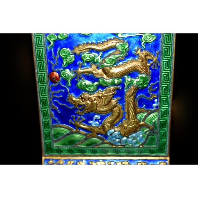 Blue Pair 20th Century Chinese Enamel Dragon Bookends For Sale - Image 8 of 12