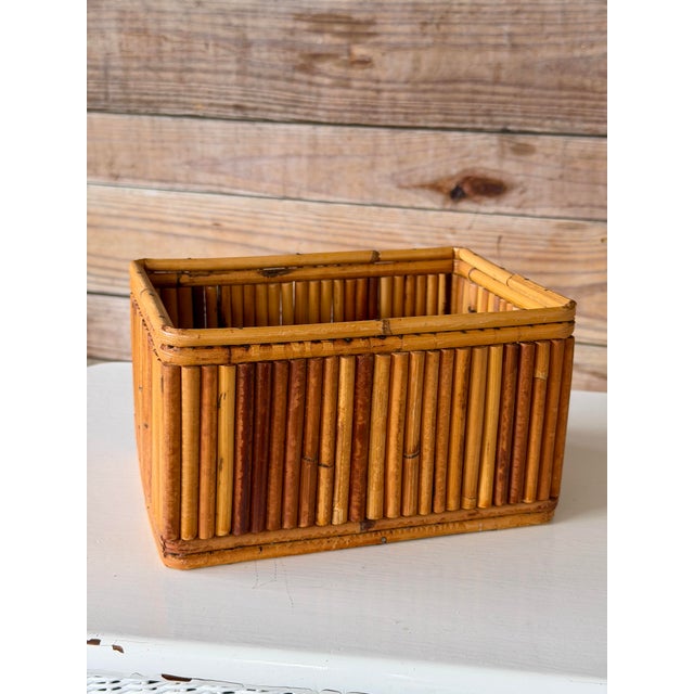 Wood Vintage Boho Coastal Pencil Reed Rattan Storage Basket Box by Marco Basketware For Sale - Image 7 of 11