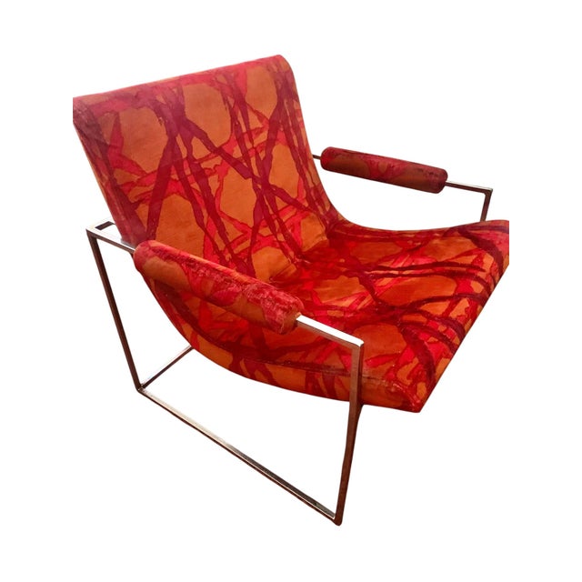 American Mid-Century scoop armchair with red abstract velour upholstered seat, back, and arms with button tufted detail...