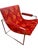 American Mid-Century scoop armchair with red abstract velour upholstered seat, back, and arms with button tufted detail...
