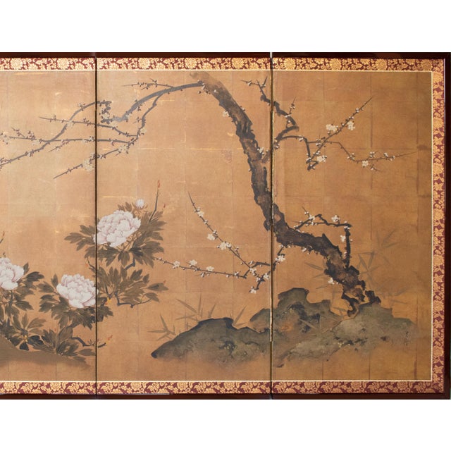 Japanese "Plum Blossom, Peony, Iris", 1970s Showa Era Japanese Painted Byobu Screen For Sale - Image 3 of 18