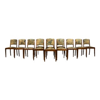 Set of 12 French Art Deco Walnut Dining Chairs With Botanical Upholstery, 1930s For Sale