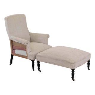 19th Century Napoleon III Square Back Armchair with Matching Footstool For Sale