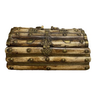Vintage Dome-Top Bone Box With Brass Handle & Fittings For Sale