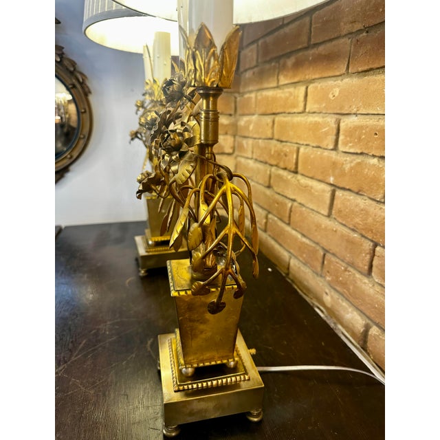 Pair of Mid 20th Century Italian Gilt Botanical Candelabra Lamps For Sale - Image 4 of 12