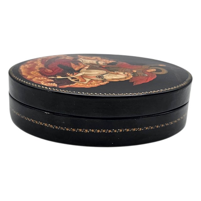 Wood Russian Hand Painted Lacquer Box Depicting St George and the Dragon, 4.5 For Sale - Image 7 of 16