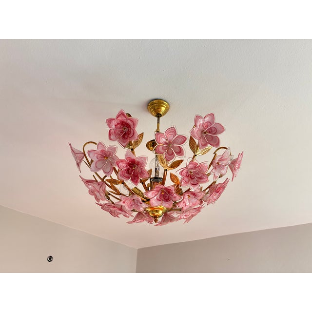 Vintage Murano Glass Floral Chandelier – Rare Deep Pink Flowers, Flush Mount For Sale - Image 14 of 18