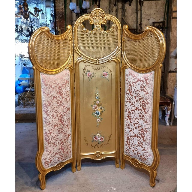 French Style Room Divider With Gold Leaf Frame – Multicolor Folding Screen For Sale - Image 4 of 4