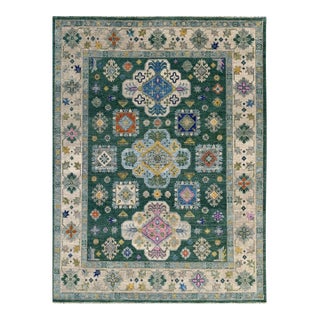 9x12 Isla Kazak Green Geometric Medallion Modern Hand Knotted Wool Carpet Rug For Sale