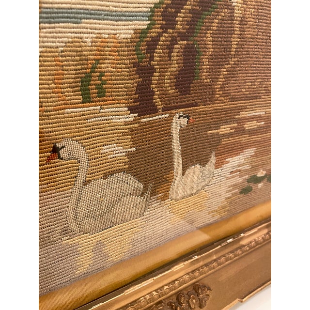 Vintage 1940s Hand-Stitched Swan Landscape Needlepoint in Ornate Gilt Frame For Sale - Image 4 of 8