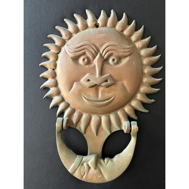 Mid 20th Century Vintage Bronzed Solid Brass Sun & Moon Face Door Knocker 6.5x8.5" Heavy-Duty For Sale - Image 5 of 12