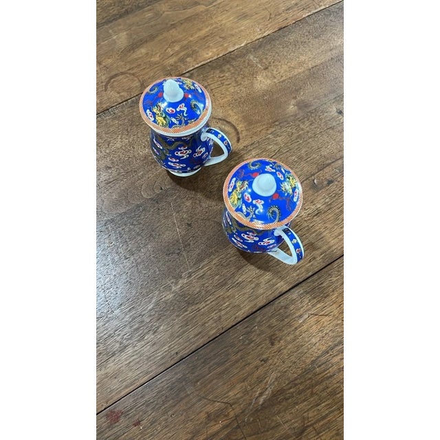 1900 - 1909 Vintage Chinese Blue Porcelain Lidded Dragon Tea Cups - a Pair For Sale - Image 5 of 5