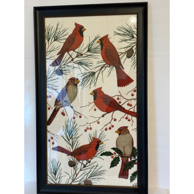1960s Vintage KayDee Designs Featuring Cardinals Framed in Hand Printed Linen Textiles For Sale - Image 5 of 5