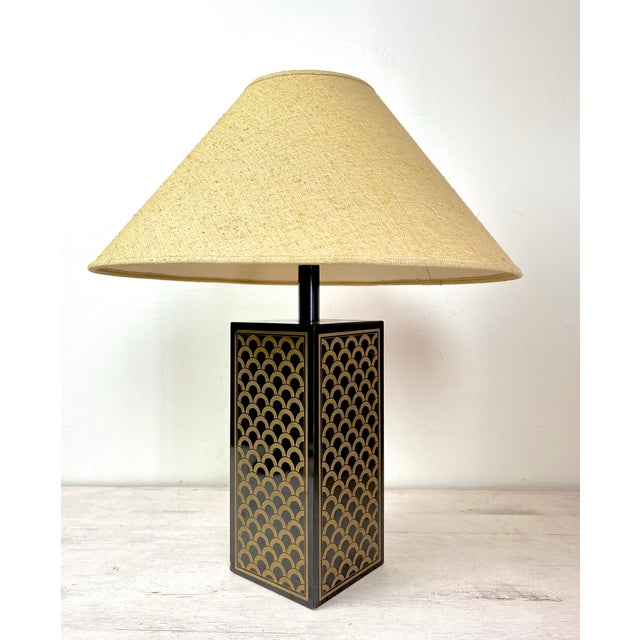 Vintage Cube-shaped Table Lamp with Black and Gold Tones, made from laminated wood or formica. One small damage Height...