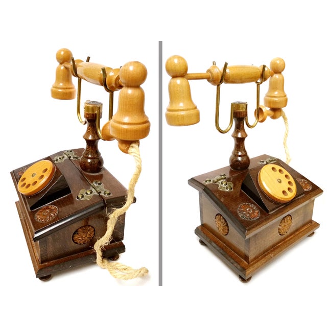 Vintage Hand-Carved French Style Wood Rotary Phone Style Trinket Jewelry Box For Sale - Image 4 of 6