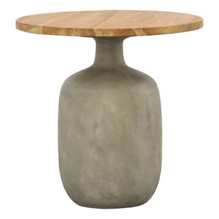 Round Outdoor Concrete & Teak Modern Side Table Medium For Sale