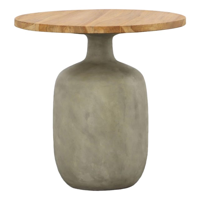 Round Outdoor Concrete & Teak Modern Side Table Medium For Sale