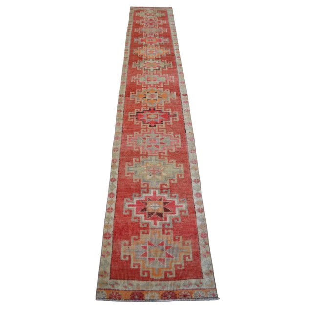 Textile Hand-Knotted Narrow Runner Turkish Rug Hallway Decor- 2'1' X 12'3' For Sale - Image 7 of 12