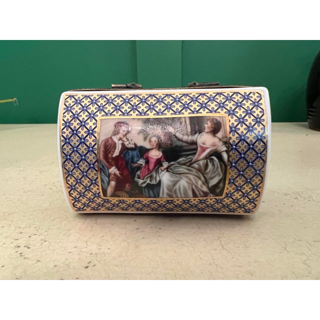 Gold Large Porcelain Trinket Box With Victorian Scene For Sale - Image 8 of 9