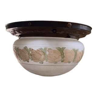 Vintage 1920s Brass and Glass Floral Flush Mount Ceiling Fixture For Sale