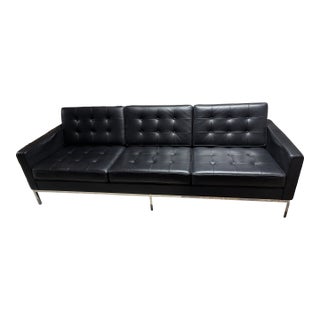 Florence Knoll Black Leather 3-Seater Chrome Base Modern Sofa Couch For Sale