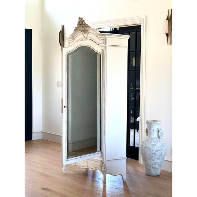 Off-white 19th Century French Hand-Carved Mirrored Armoire – Single Door, Ornate Crest, Distressed White For Sale - Image 8 of 12