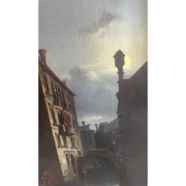 Venetian Canal scene rendered in a moody, luminous palette, capturing the quiet drama of nightfall along a narrow European...