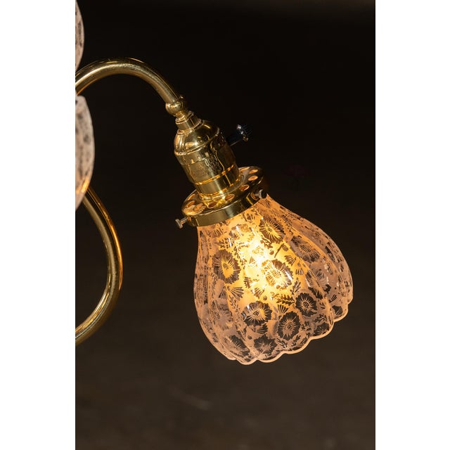 Vintage Brass Chandelier With Etched Glass Shades For Sale In Chicago - Image 6 of 9