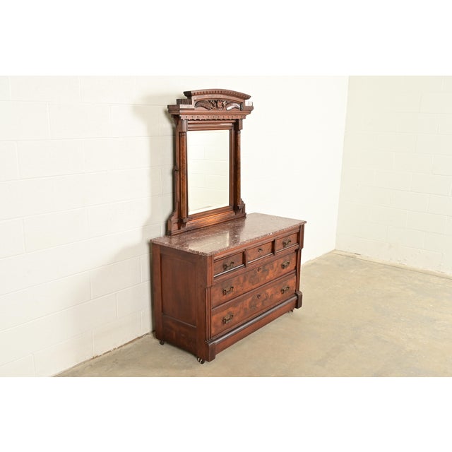 Herter Brothers Herter Brothers Style Antique Eastlake Victorian Carved Burled Walnut Marble Top Dresser With Mirror, Circa 1880s For Sale - Image 4 of 17