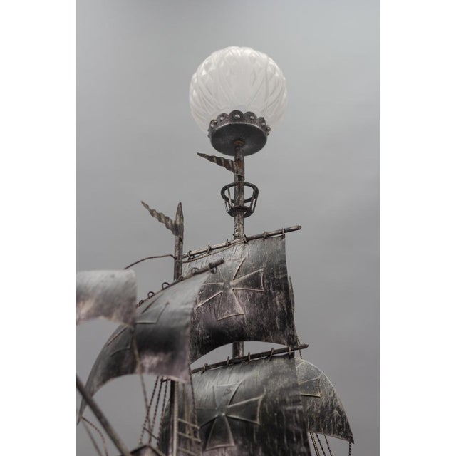 Spanish Wrought Iron and Glass Galleon Sailing Ship Shaped Floor Lamp, 1950s For Sale - Image 10 of 18