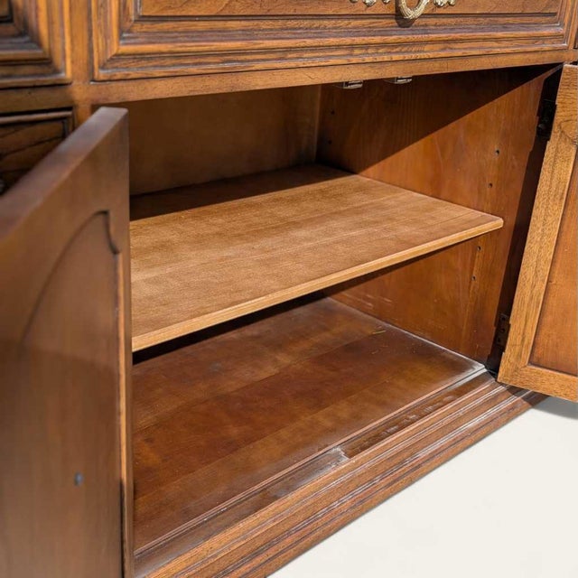 Traditional Henredon 1970s Credenza – Traditional Walnut Sideboard With Brass Pulls & Adjustable Shelving, 66” Vintage Cabinet For Sale - Image 3 of 18