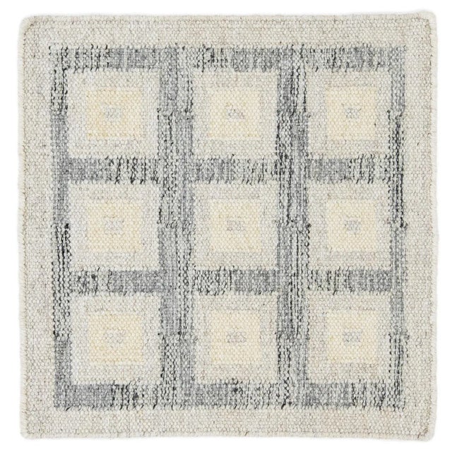 Modern Swedish Style Handwoven Gray Geometric Custom Wool Rug For Sale In New York - Image 6 of 6