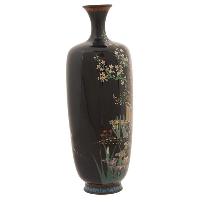 Metal Meiji Japanese Cloisonne Enamel Silver Wire Signed Botanical Garden Vase For Sale - Image 7 of 8