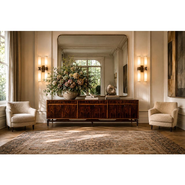 A monumental rosewood credenza designed by Giuseppe Scapinelli in Brazil during the 1950s, reflecting the architecturally...