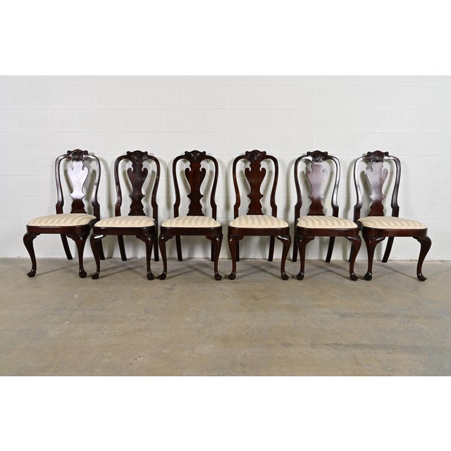 A gorgeous set of six Queen Anne or Georgian style dining chairs By Stickley USA, Early 21st Century Solid carved mahogany...