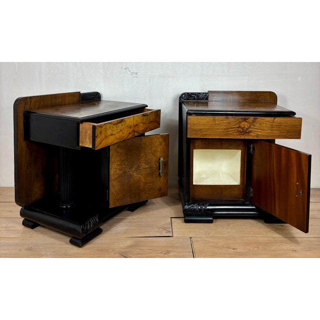 1950s Pair of Art Deco Nightstands with Columns, Ebonized Wood and Figured Veneer For Sale - Image 4 of 10