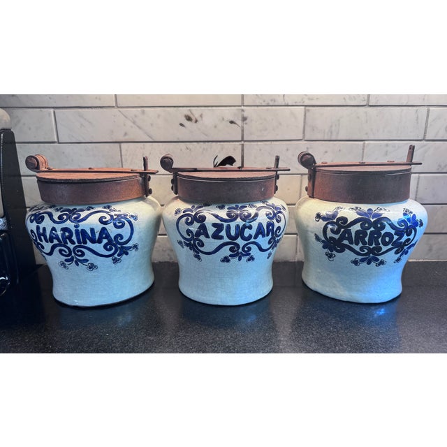 Metal Three Mexican Talavera Style Glazed Pottery Canisters With Iron Hinged Lids For Sale - Image 7 of 11