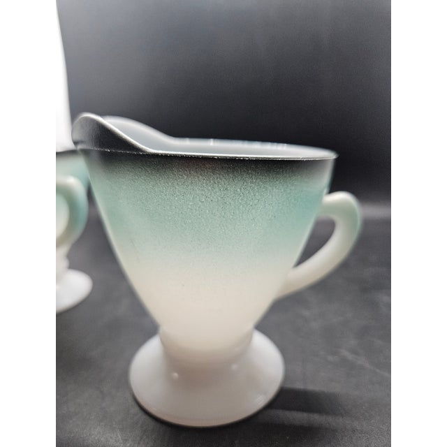 Vintage Hazel Atlas Turquoise Ombre Creamer and Sugar Bowl Set in the Ovide Pattern Made of Platonite Milk Glass For Sale In Washington DC - Image 6 of 6