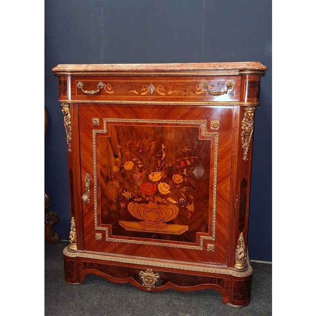Napoleon III Style Side Table in Floral Marquetry with Marble Top For Sale - Image 4 of 6