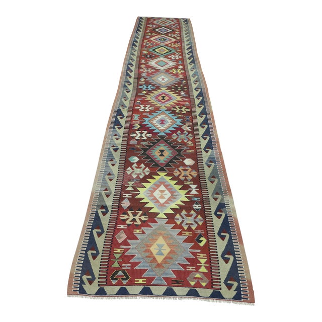 1970s Southwestern Style Hand Knotted Red Oushak Kilim Runner Rug 2.6 X 13.4 Ft For Sale