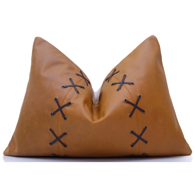 Luxury Camel Leather Lace Throw Pillow 16x24 | Handmade Designer Lumbar Cushion With Cross-Laced Detail For Sale In San Francisco - Image 6 of 10