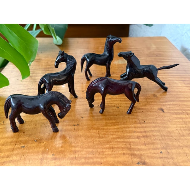 Vintage Carved Dark Wood Horse Figurines, Set of 5 Miniatures For Sale - Image 9 of 9