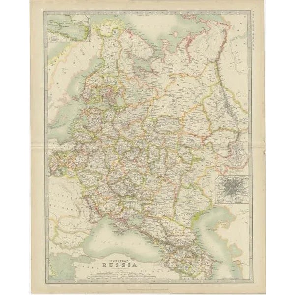Antique map titled 'European Russia'. Original antique map of Russia in Europe. with inset maps of St Petersburg and...